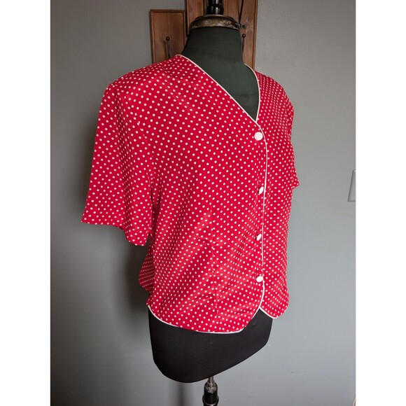 80s Red Polka Dot Short Sleeve Blouse, Vintage Womens Top Size L - Picture 2 of 10